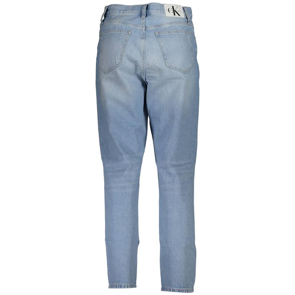 Back view of Calvin Klein light blue cotton women jeans with classic 5-pocket design and subtle worn effect.