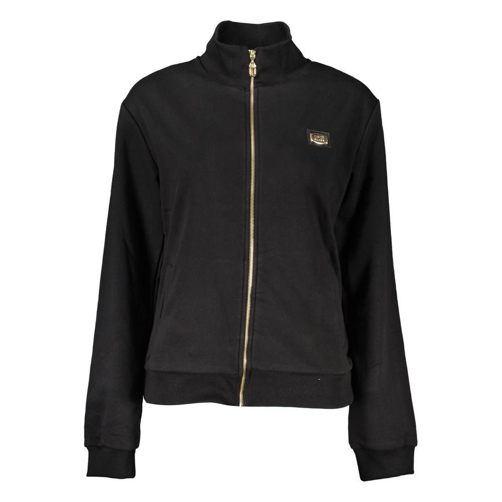 Cavalli Class black cotton women's sweater with zip closure, long sleeves, and logo print detail for stylish comfort.
