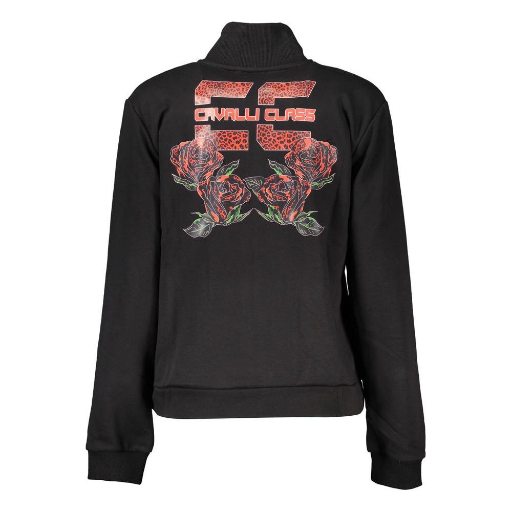 Cavalli Class black women's sweater with artistic logo print and floral design on the back, showcasing luxury and style.