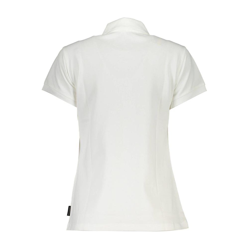 Back view of North Sails white cotton women polo shirt made from organic cotton and elastane, featuring a sleek button placket.