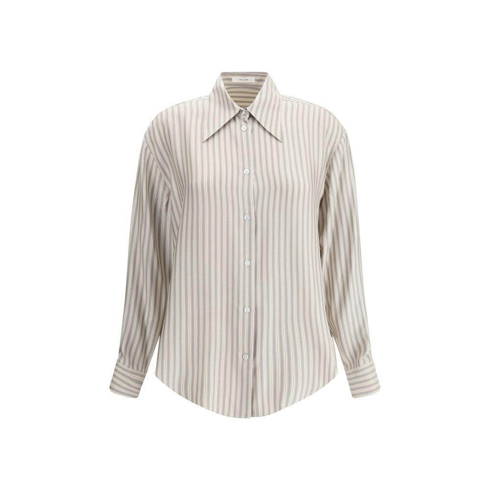 The Row Parave silk shirt with striped pattern, classic collar, and front button closure showcasing minimalist sophistication.