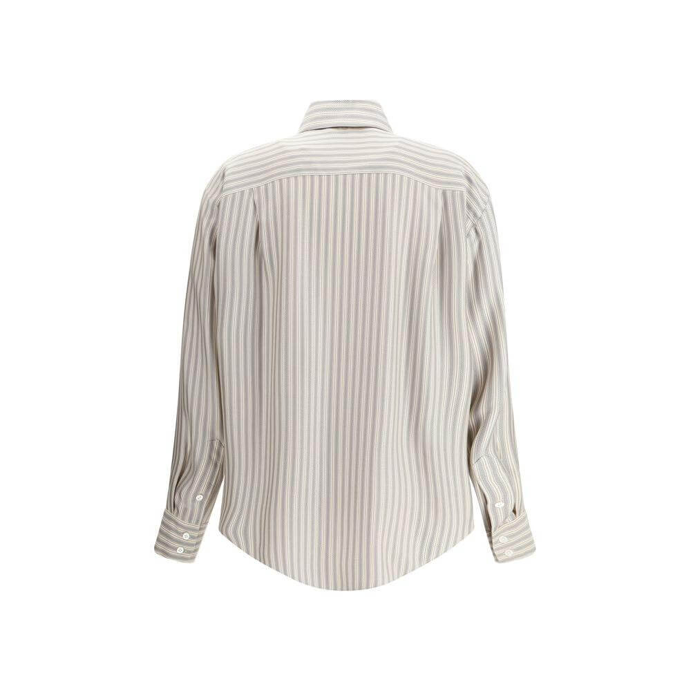 The Row Parave silk shirt with striped pattern, classic collar, adjustable cuffs, and button closure shown from the back.