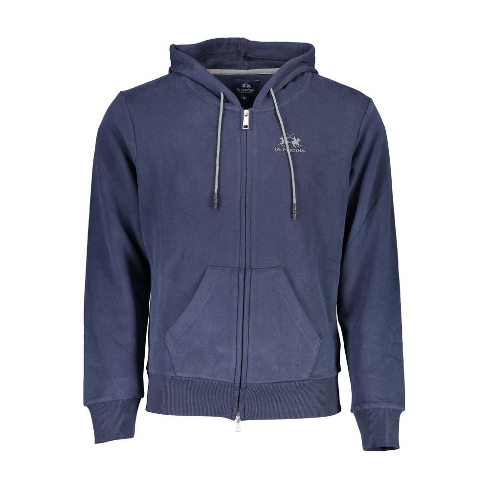 La Martina blue hooded sweatshirt with zip, long sleeves, and pockets featuring iconic logo design for men - luxury sportswear.