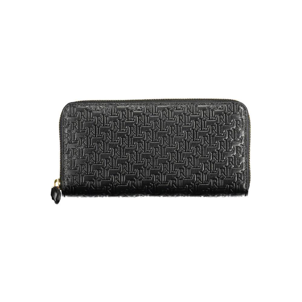 Ralph Lauren black leather wallet with embossed logo, featuring zip closure, 4 compartments, coin purse, and card spaces.