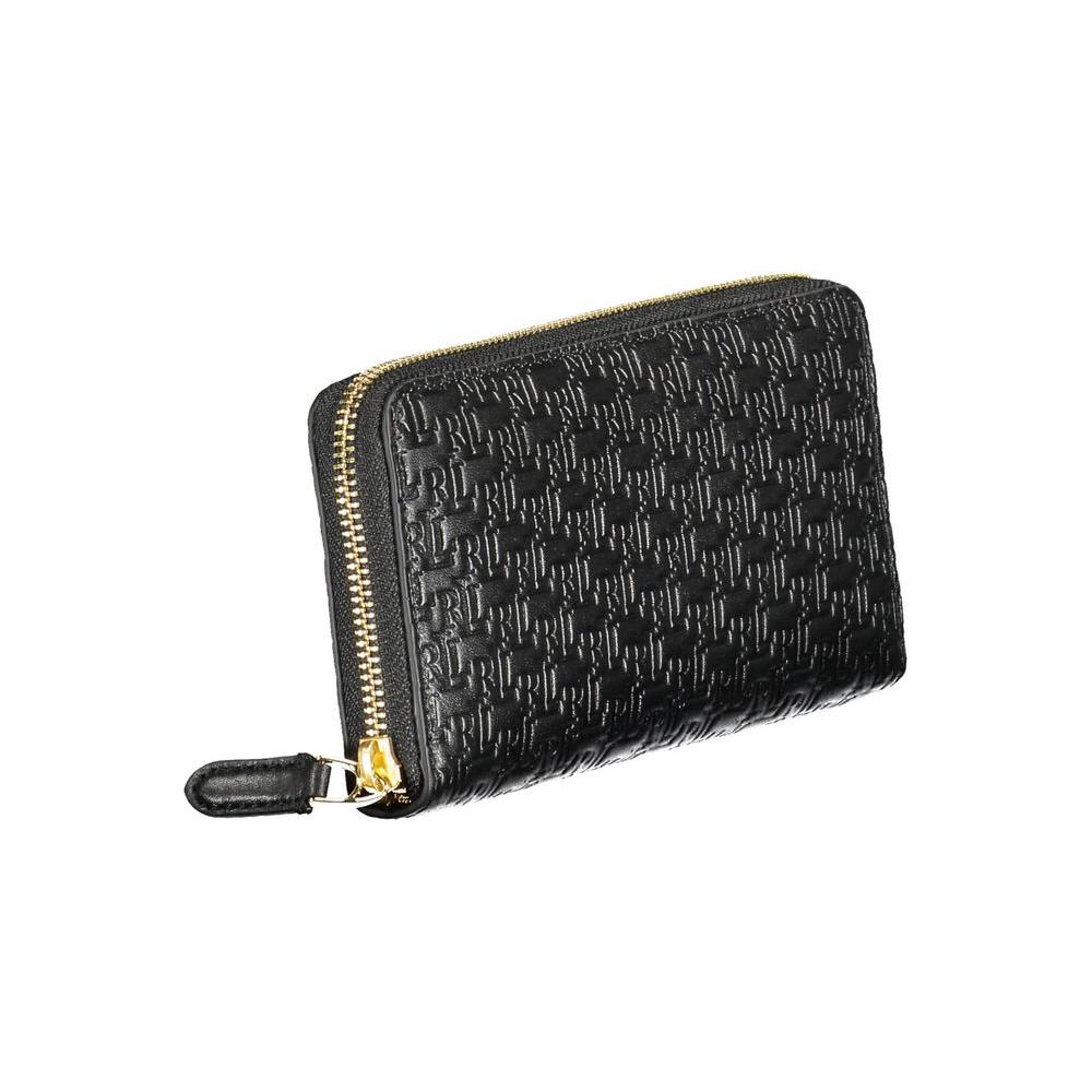 Ralph Lauren black leather wallet with embossed logo, zip closure, contrasting details, 4 compartments, card spaces, and coin purse.