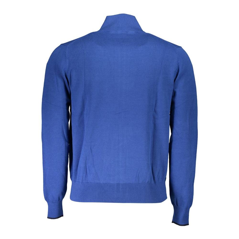 Back view of North Sails blue organic cotton men's sweater with high collar and long sleeves, showcasing eco-friendly fashion.