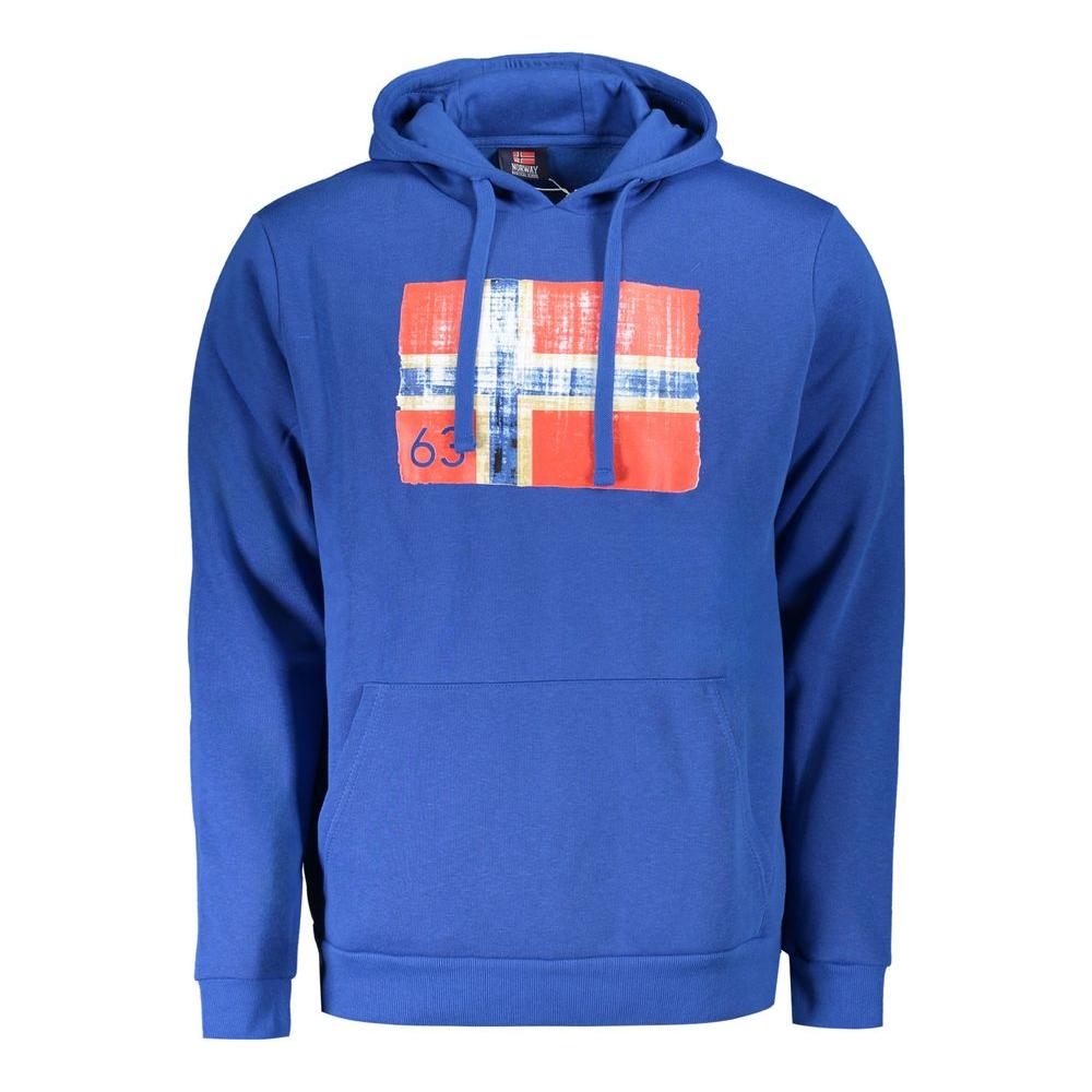 Blue men’s hoodie with Norway 1963 logo, long sleeves, central pocket, and hood, made of cotton and polyester blend.