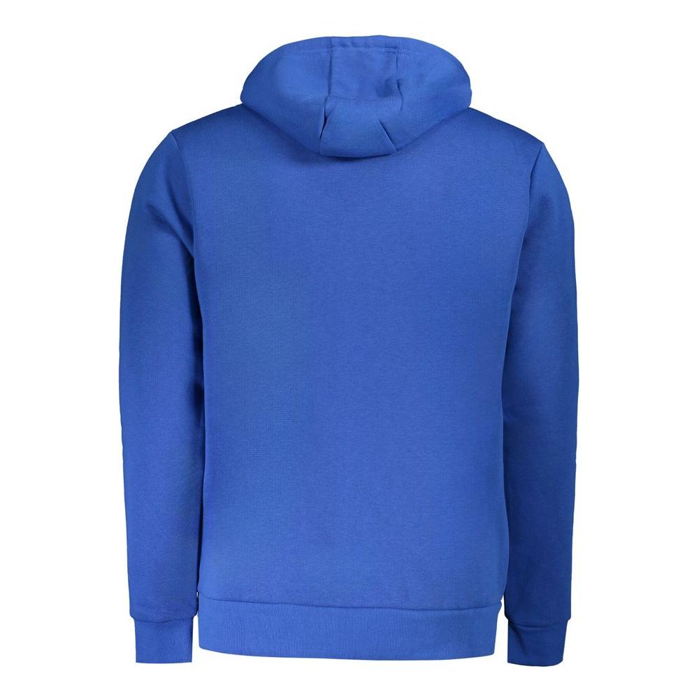 Back view of Norway 1963 blue cotton men's hooded sweatshirt with central pocket and stylish logo.