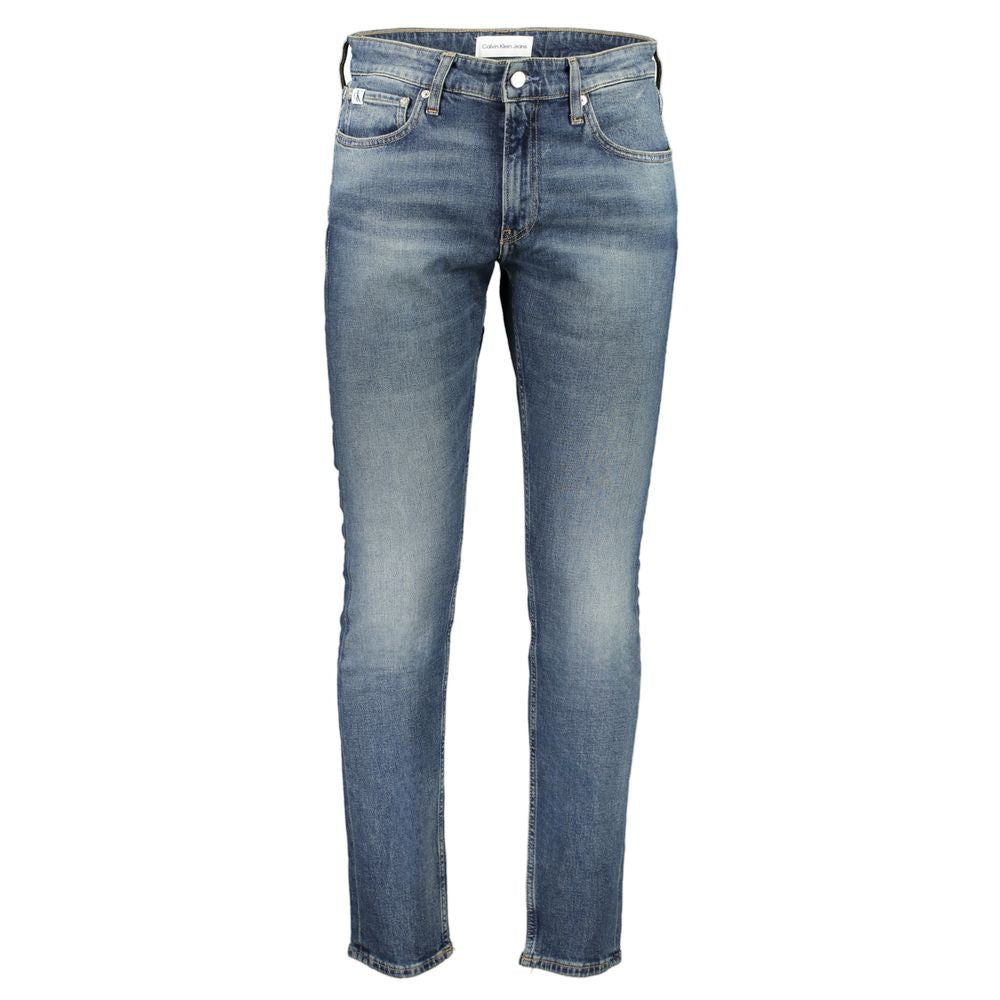 Calvin Klein slim blue jeans with washed effect, 5 pockets, button zip closure, featuring 20% recycled cotton, sustainable fashion.
