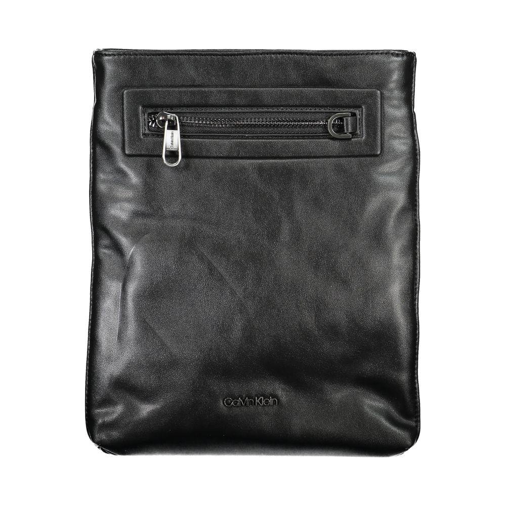 Calvin Klein sleek black shoulder bag with contrast details, showing zippered pocket and eco-friendly design, perfect for modern men.