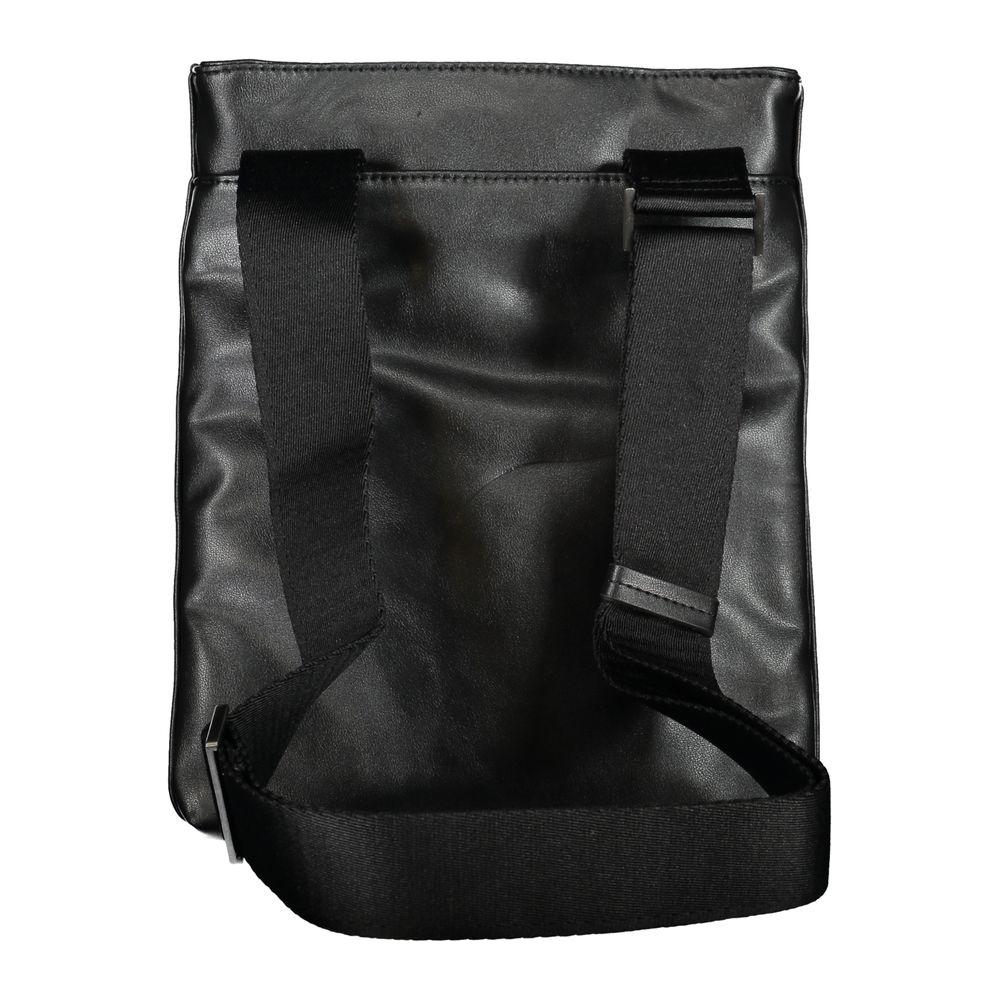 Calvin Klein sleek black shoulder bag with contrast details and adjustable strap, crafted for style and eco-friendly functionality.