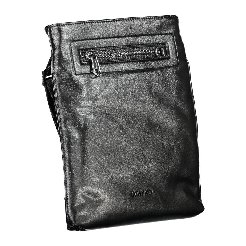 Calvin Klein sleek black shoulder bag with contrast details, featuring a zip pocket, adjustable strap, and eco-friendly materials.