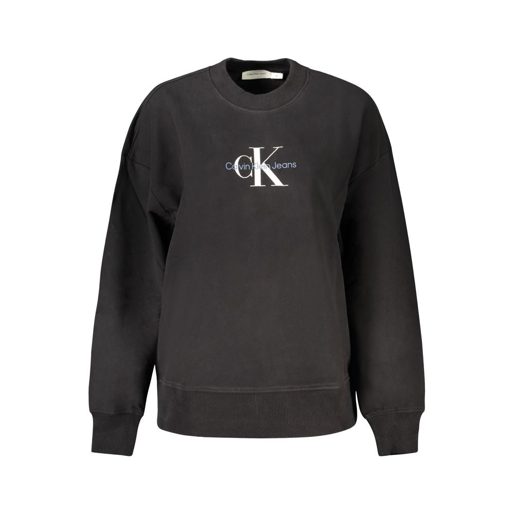 Calvin Klein black cotton women's sweater with iconic logo, long sleeves, and brushed interior for comfort. Trendy streetwise elegance.