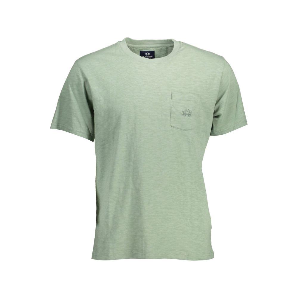 La Martina green cotton men's t-shirt with short sleeves, round neck, embroidered logo, and pocket, perfect for casual wear.