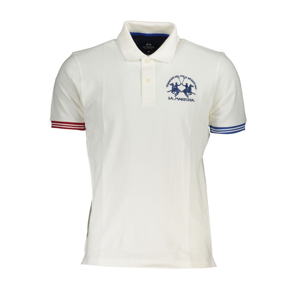 La Martina elegant white polo shirt with contrast details, logo embroidery, short sleeves, 95% cotton, upscale casual wear.