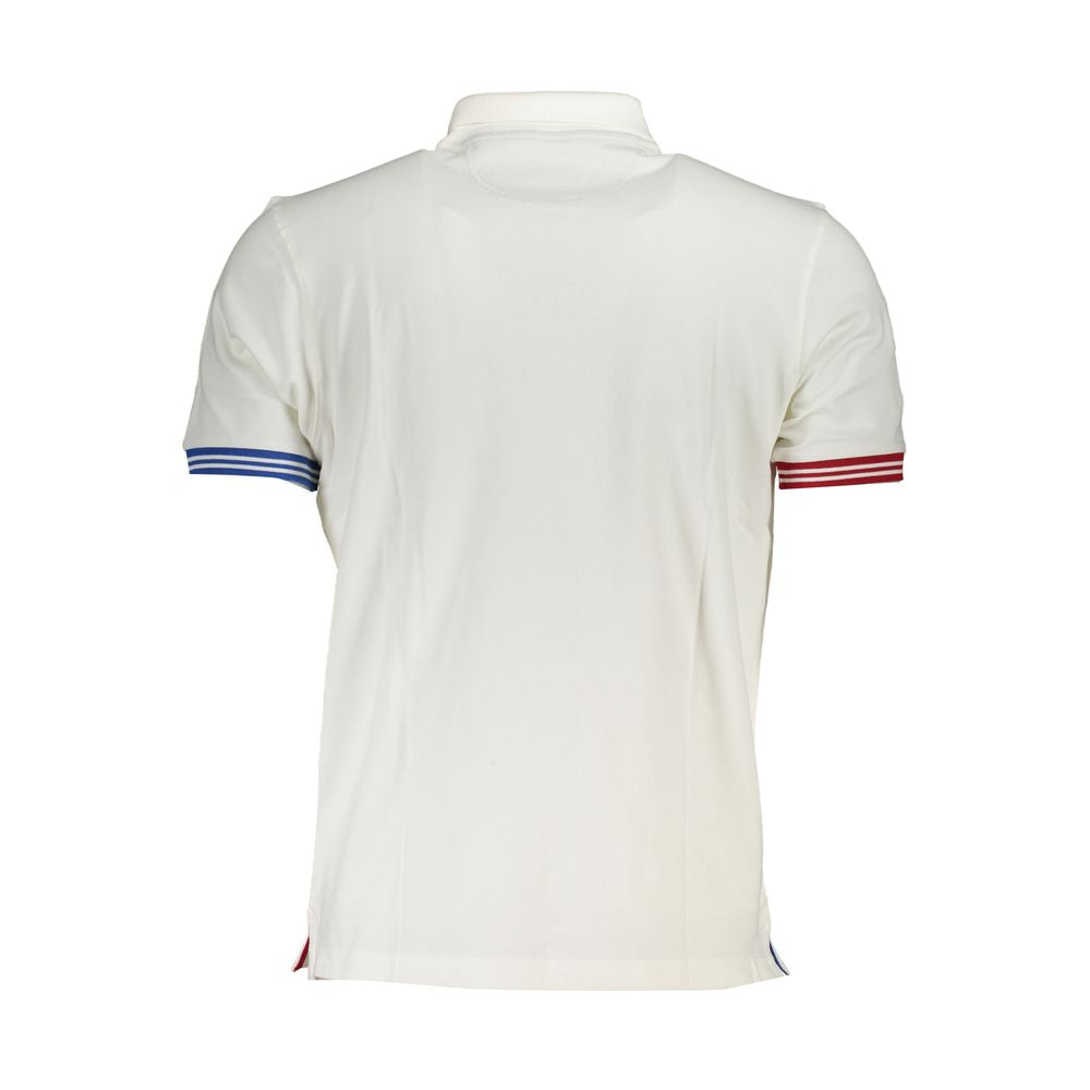 Back view of La Martina white polo shirt with contrast details and embroidered logo, made of cotton and elastane blend for comfort.
