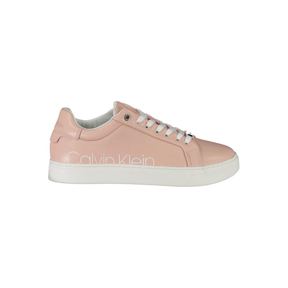 Calvin Klein pink leather women's sneaker with logo, eco-conscious design, contrasting details, stylish and comfortable for casual wear.