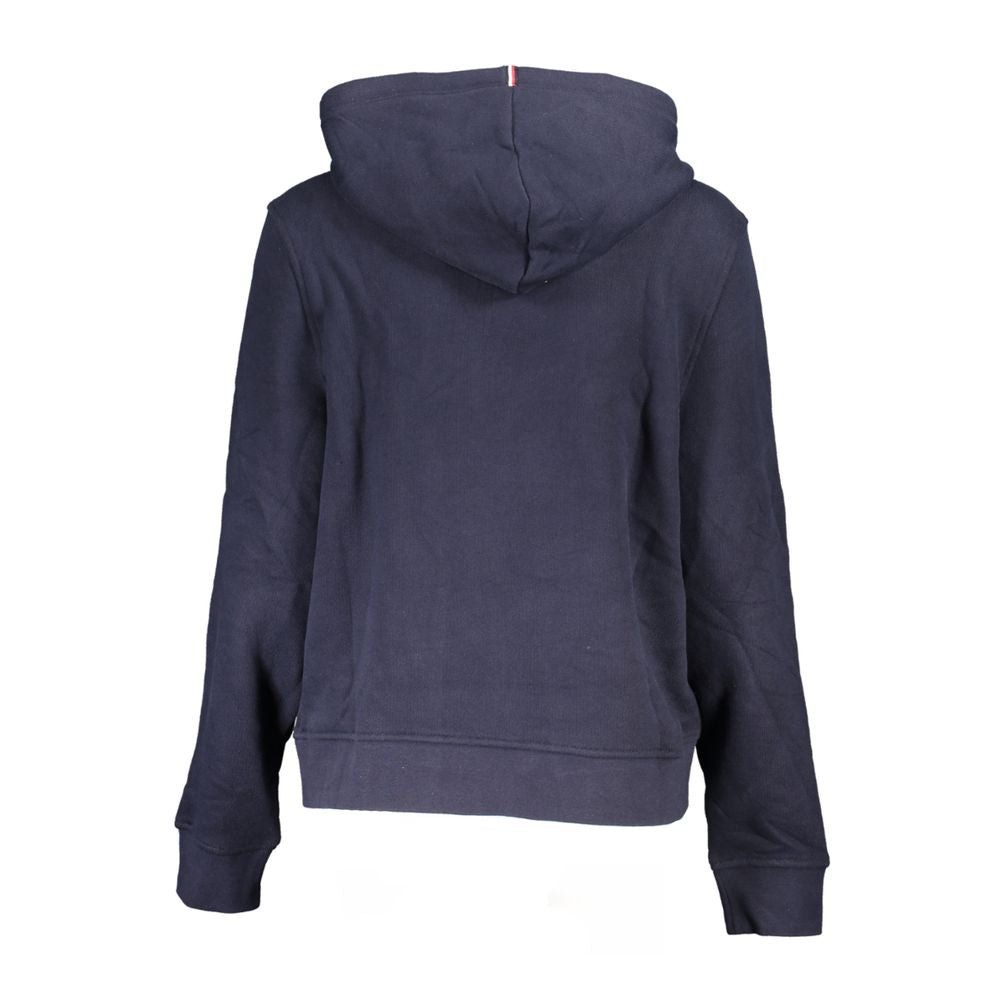 Back view of blue Tommy Hilfiger cotton women's hoodie with hood, showcasing casual style and comfort.