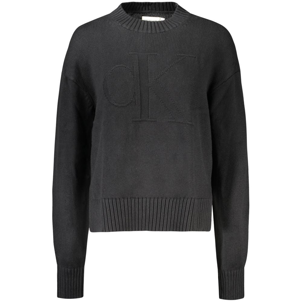 Calvin Klein black cotton women's sweater with embroidered CK logo, long sleeves, high neck, and ribbed cuffs. Stylish and elegant.