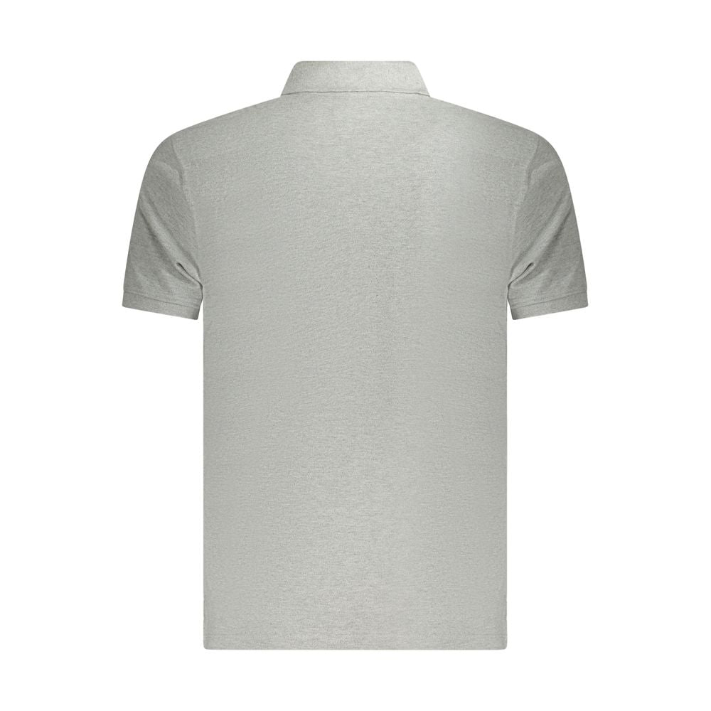 Back view of a gray slim fit cotton polo shirt with short sleeves and a classic collar.