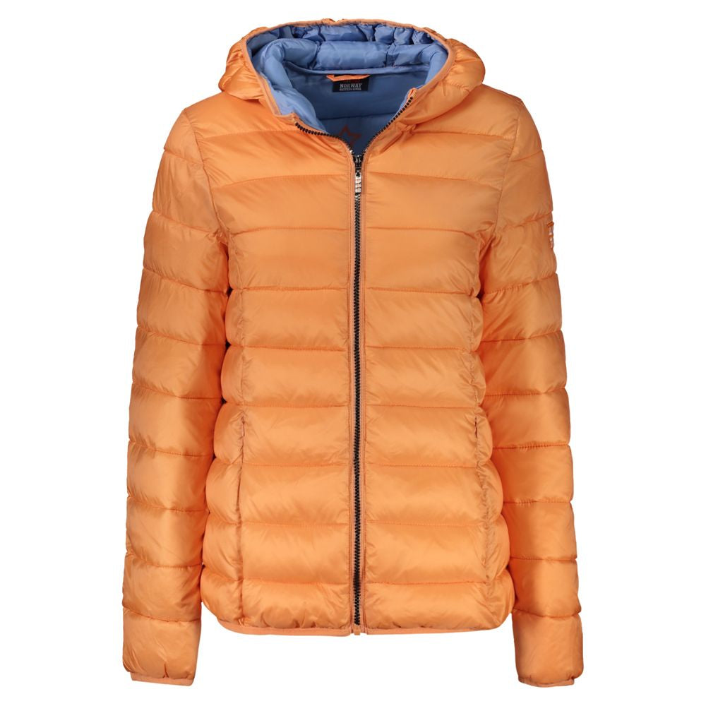 Orange polyamide women's jacket with hood and logo appliqué, long-sleeved, by Norway 1963, perfect for fashion-forward outfits.