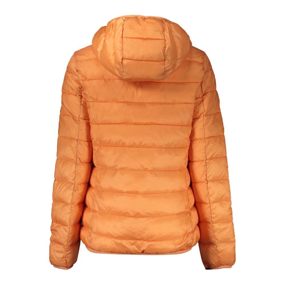 Back view of Norway 1963 orange polyamide women's jacket with hood, showcasing bold style and trendy design.