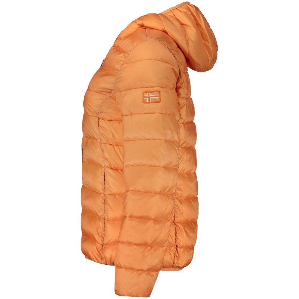 Orange polyamide women’s jacket with hood, side view, featuring signature logo appliqué from Norway 1963 collection.