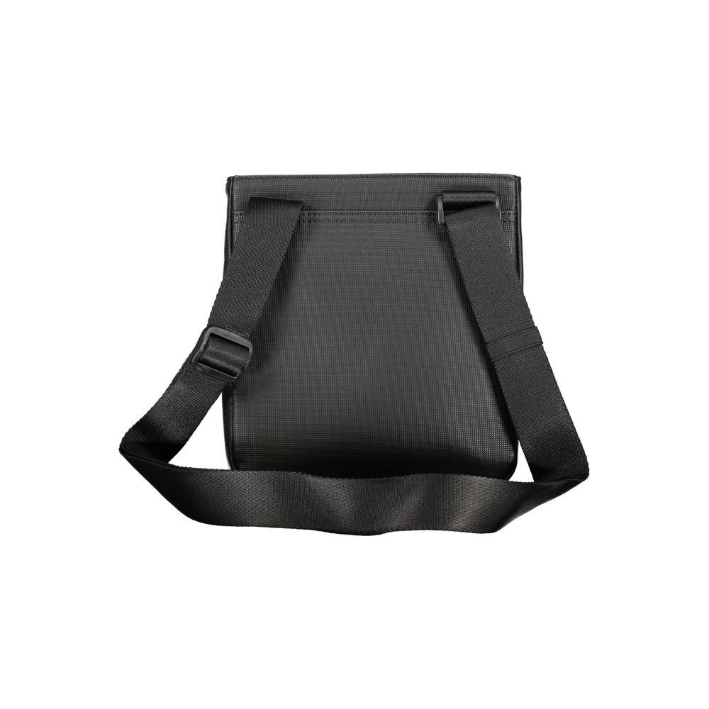 Tommy Hilfiger black polyethylene shoulder bag with adjustable strap and pockets, featuring zip closure and logo detailing.
