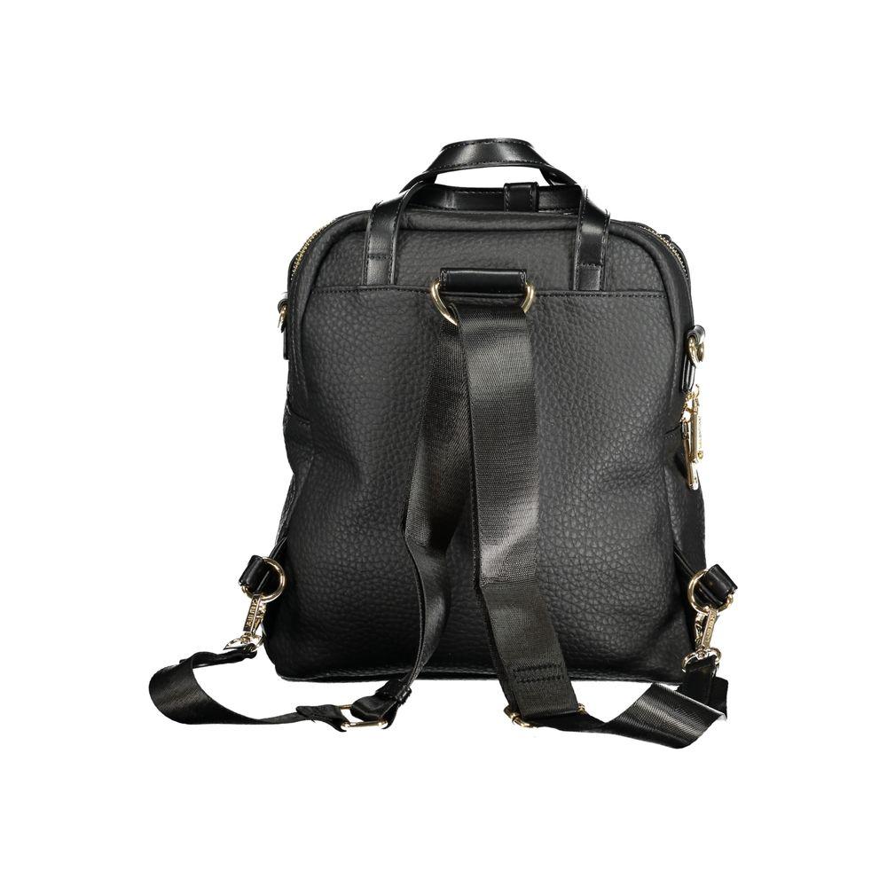 Valentino Bags black polyethylene women's backpack with sleek handles, adjustable straps, and external pocket for easy access.