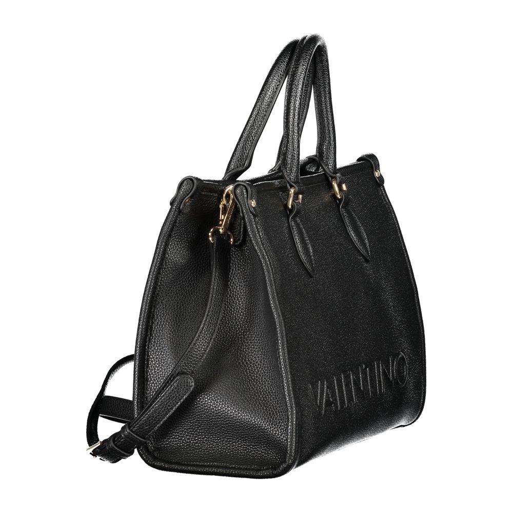 Valentino black polyethylene handbag with two handles, adjustable strap, logo, zip closure, and internal pockets.