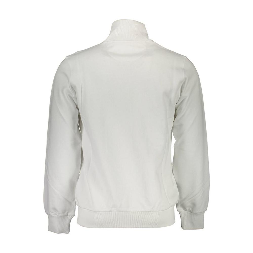Back view of La Martina white cotton men's sweater, showcasing sleek design and craftsmanship with ribbed cuffs, perfect for casual elegance.