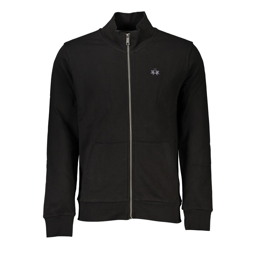 La Martina sleek black cotton zip sweater with embroidery, regular fit, soft fleece lining, and two pockets, perfect for layering.