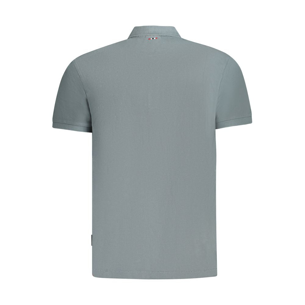 Back view of Napapijri gray cotton men's polo shirt with short sleeves and subtle embroidery details.