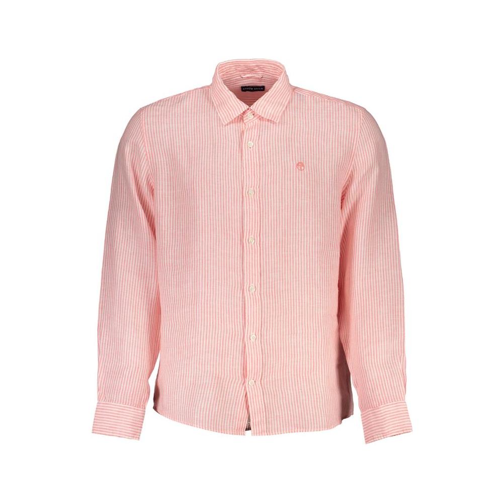 North Sails pink long-sleeved linen shirt with stripes, French collar, regular fit, organic cotton, featuring logo embroidery and button cuffs.