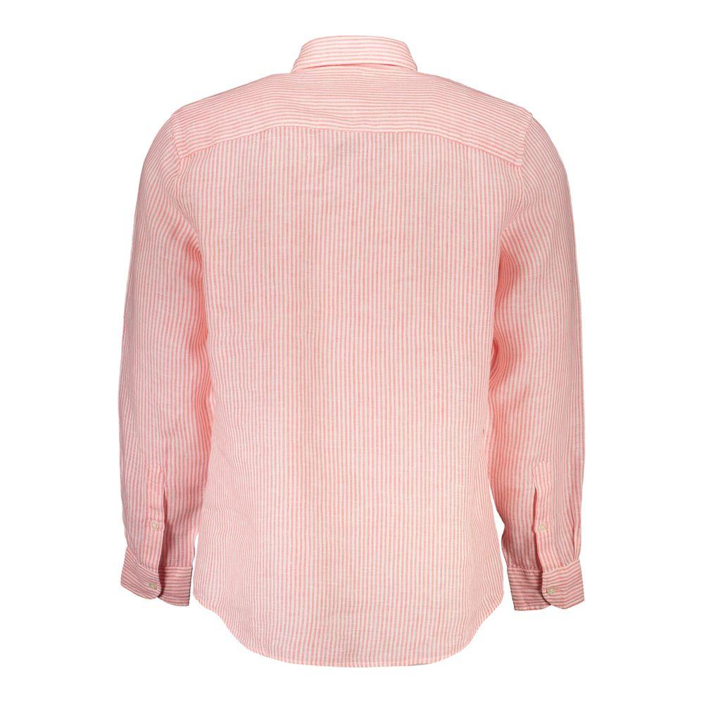 Back view of North Sails pink striped linen shirt with long sleeves and French collar, made from organic cotton, featuring logo embroidery.