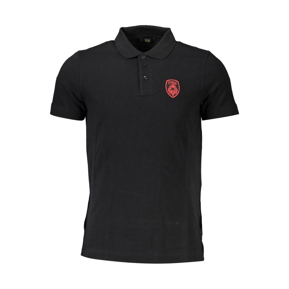 Cavalli Class black cotton men's polo shirt with red embroidery and logo, featuring a 3-button placket, elegant and sophisticated design.