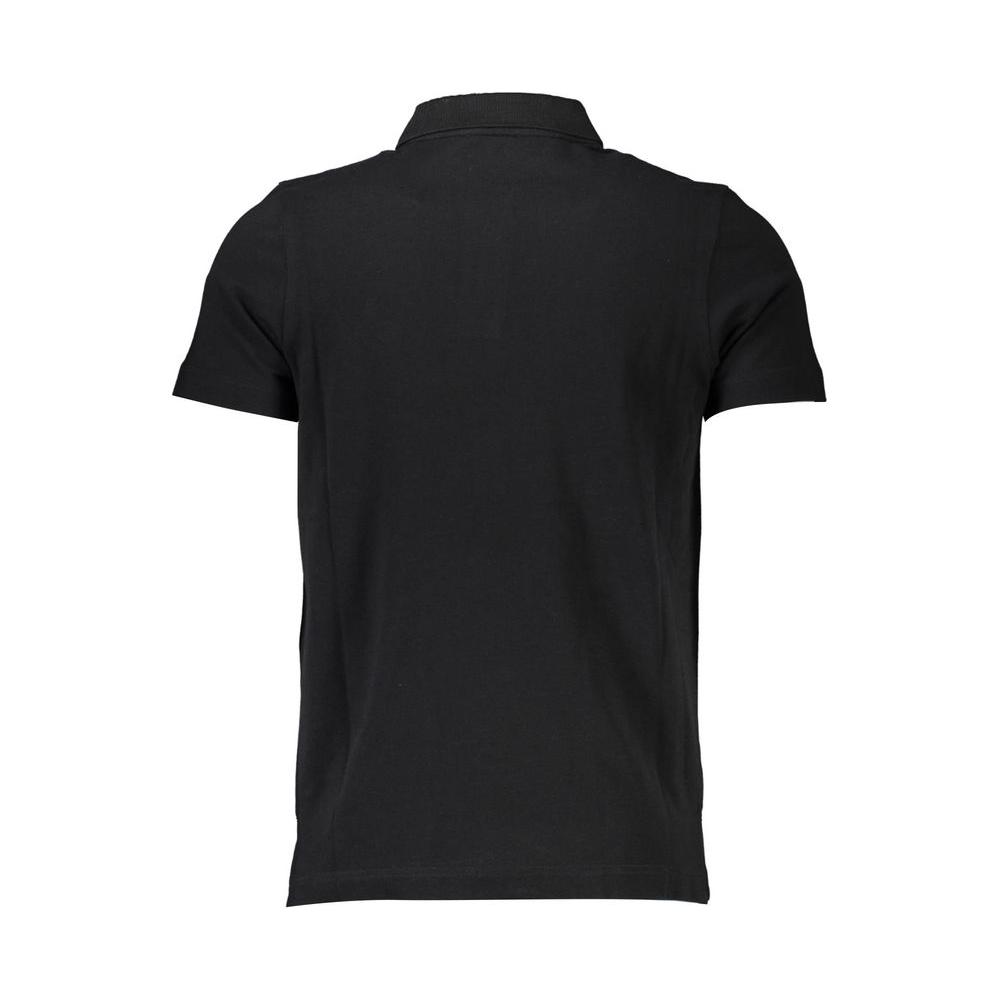 Back view of Cavalli Class black cotton men's polo shirt with short sleeves and regular fit design.