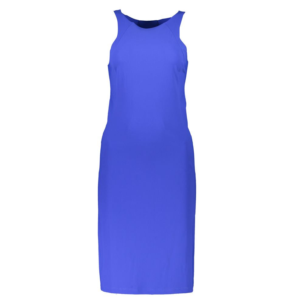 Patrizia Pepe blue crew neck dress with logo detail, classic style, wide hat straps, elegant design, 25% elastane, 75% polyamide.