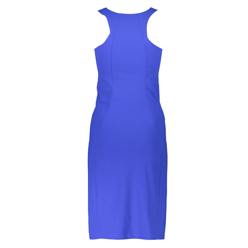 Patrizia Pepe elegant blue crew neck dress with logo, featuring wide straps and luxurious design, made of elastane and polyamide.