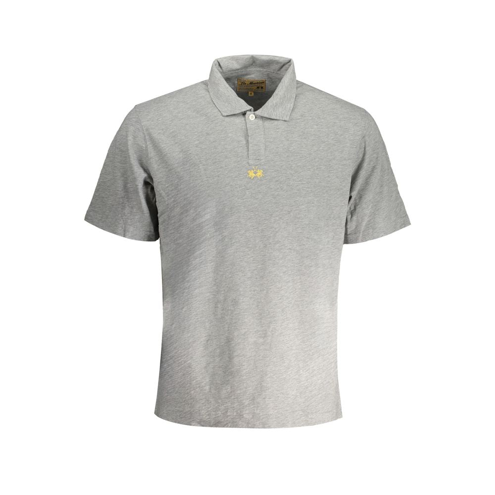 La Martina gray cotton men's polo shirt with logo embroidery, contemporary style, short sleeves, and single button detail.