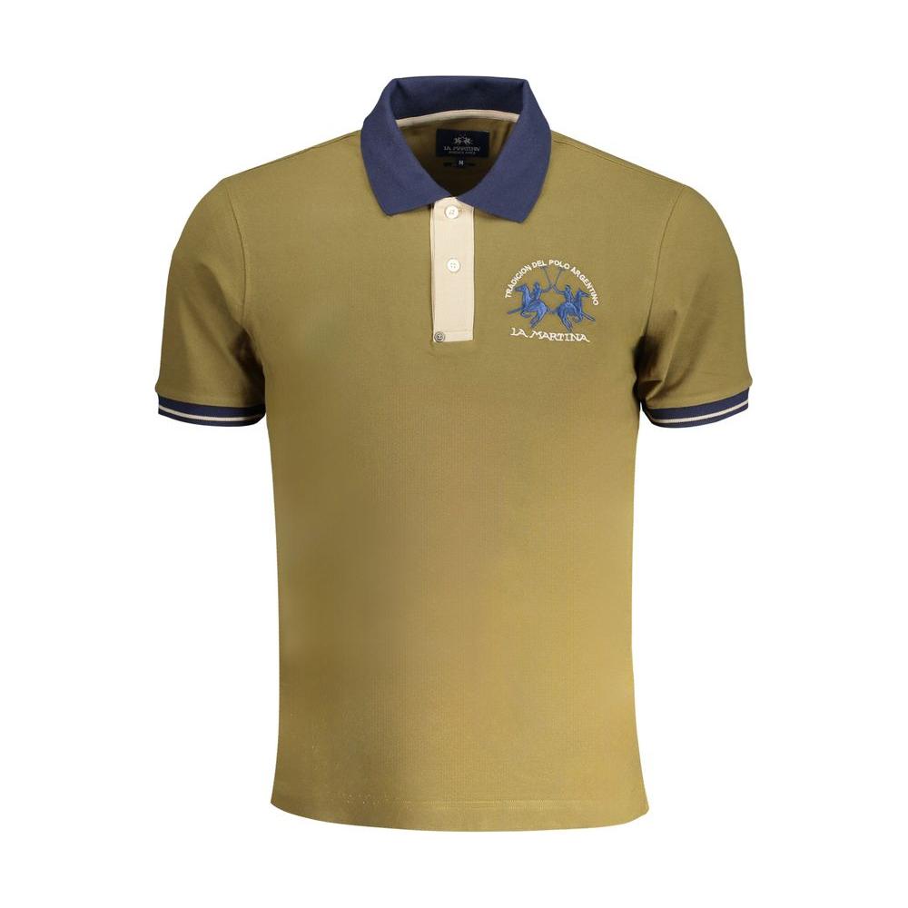 La Martina green cotton polo shirt, short-sleeved, slim fit, with 2 buttons, contrast details, embroidery, and logo.