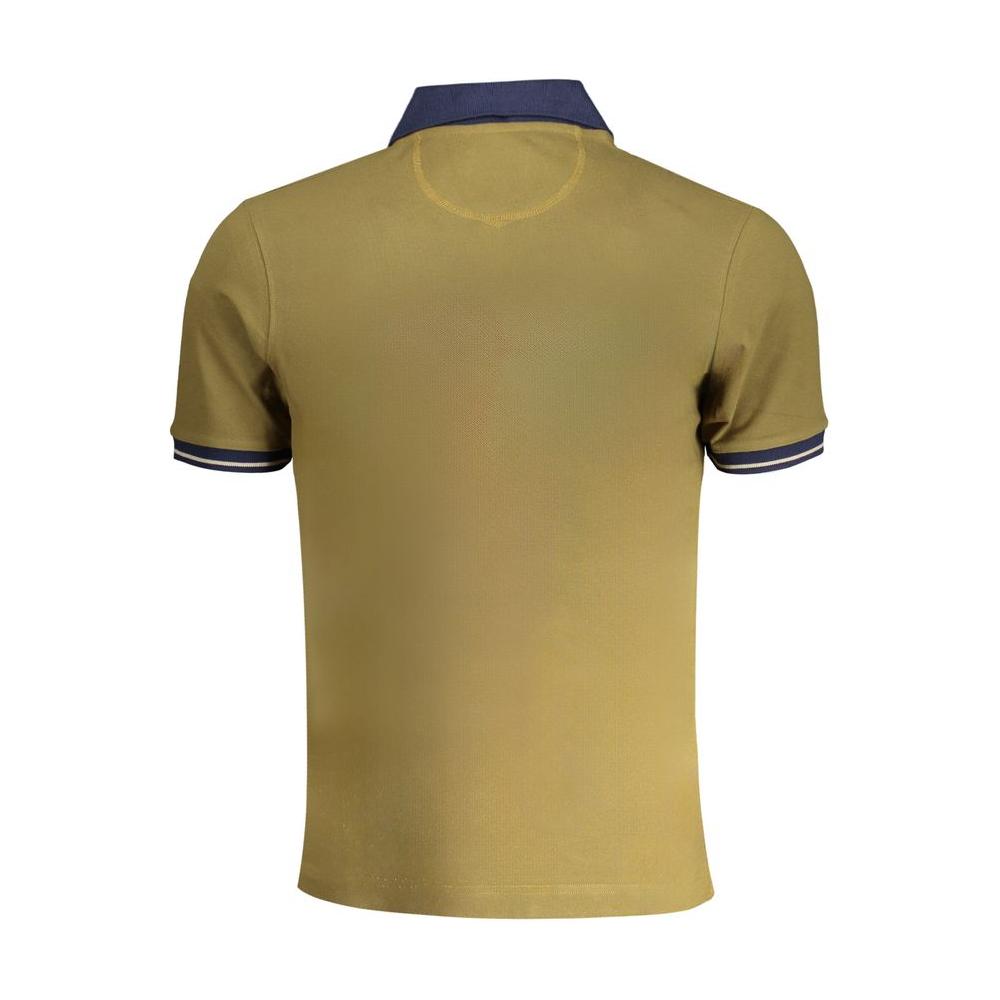 Back view of La Martina green cotton polo shirt with navy collar, short sleeves, slim fit, and embroidered logo.