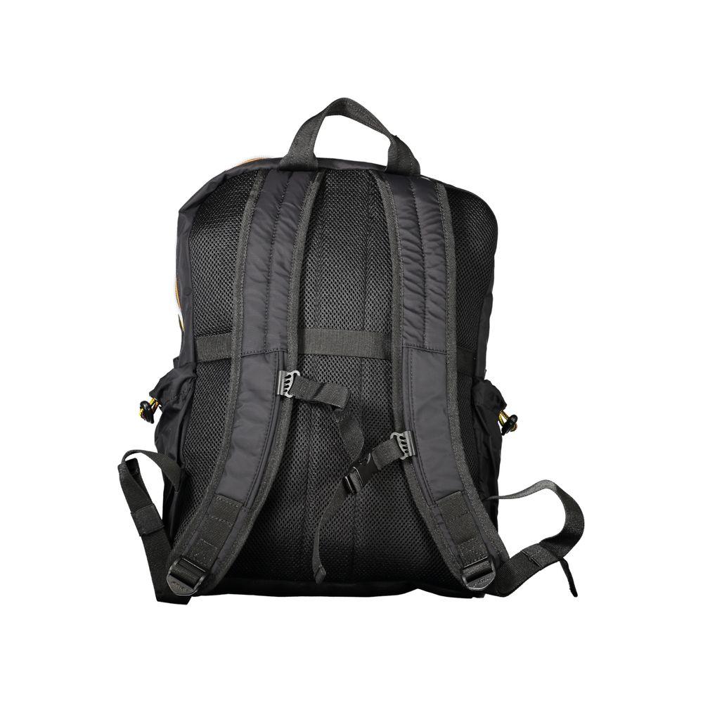 Back view of K-WAY black polyamide men's backpack with adjustable shoulder straps and padded back for comfort.