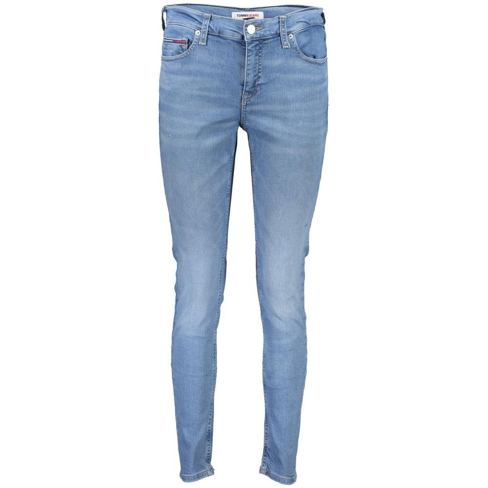 Tommy Hilfiger light blue skinny jeans with mid-rise waist, button and zip fastening, and iconic logo. Cotton material.