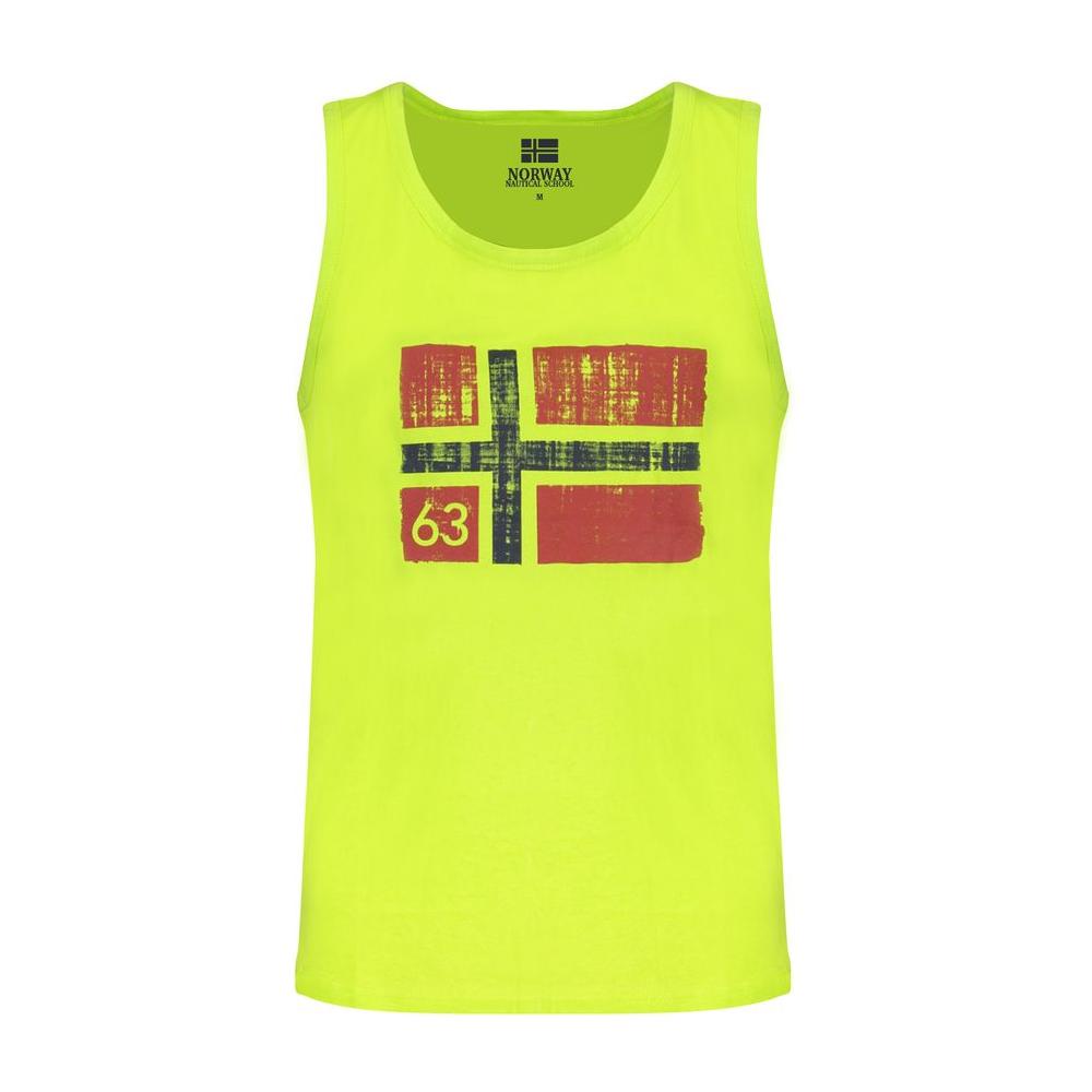 Norway 1963 green cotton tank top with wide shoulders, crew neck, Norwegian flag print, and logo design.
