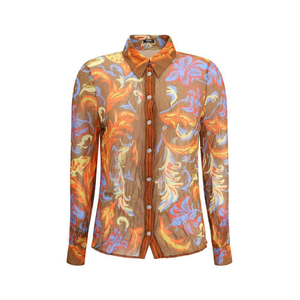 Versace Barocco silk crepe shirt with exotic pattern, front button closure, and classic collar for an elegant, bold look.
