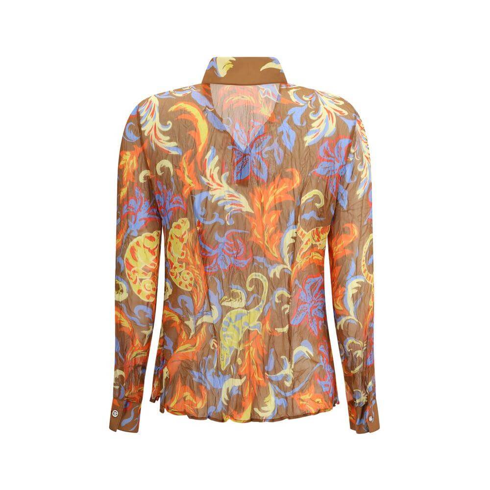 Versace Barocco silk crepe shirt with exotic bold pattern, long sleeves, and classic collar for a sophisticated look.