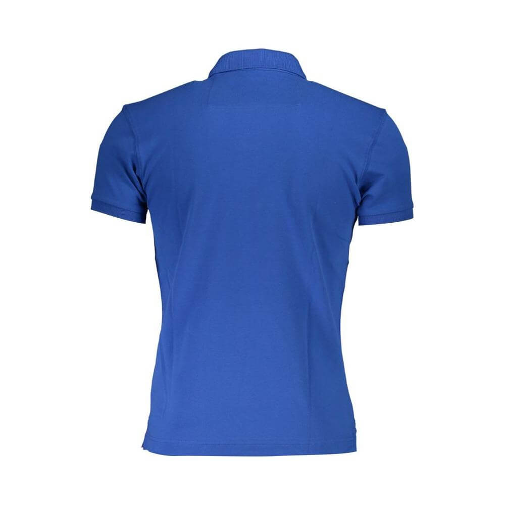 Back view of La Martina blue cotton men's polo shirt with short sleeves and collar.