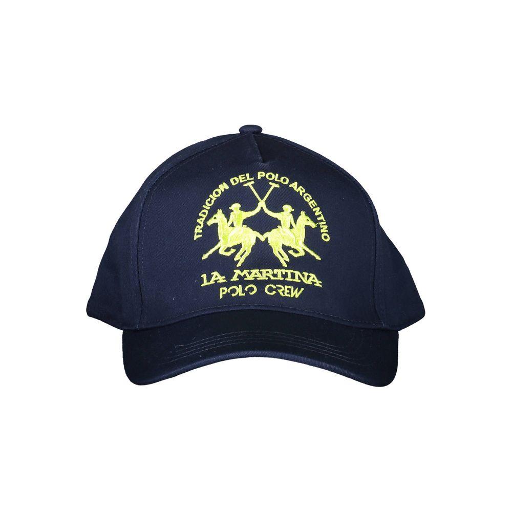 La Martina blue cotton hat with visor, featuring vibrant yellow embroidery and contrasting details, showcasing the logo prominently.