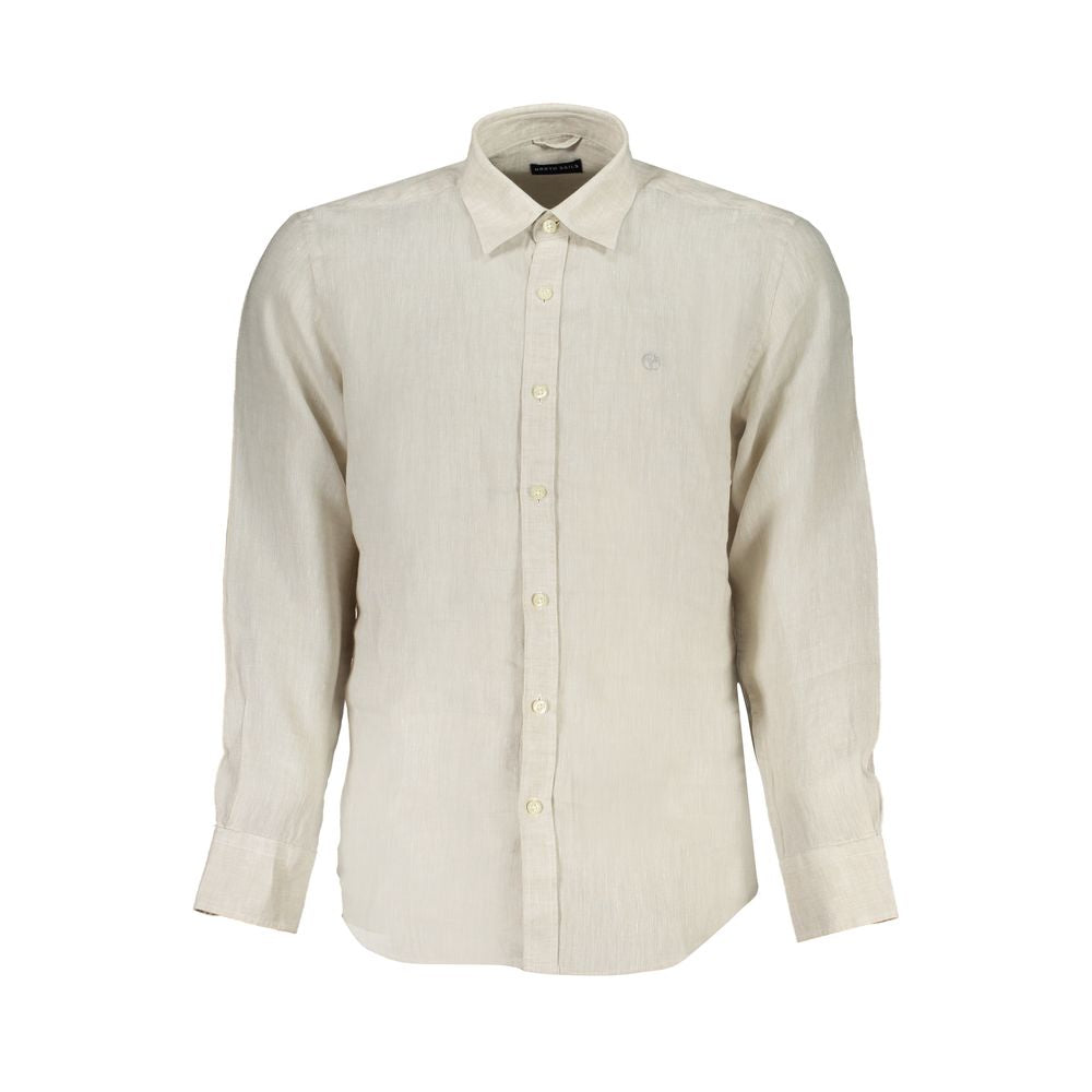 North Sails beige linen shirt with long sleeves, Italian collar, 1 button cuffs, and logo embroidery.